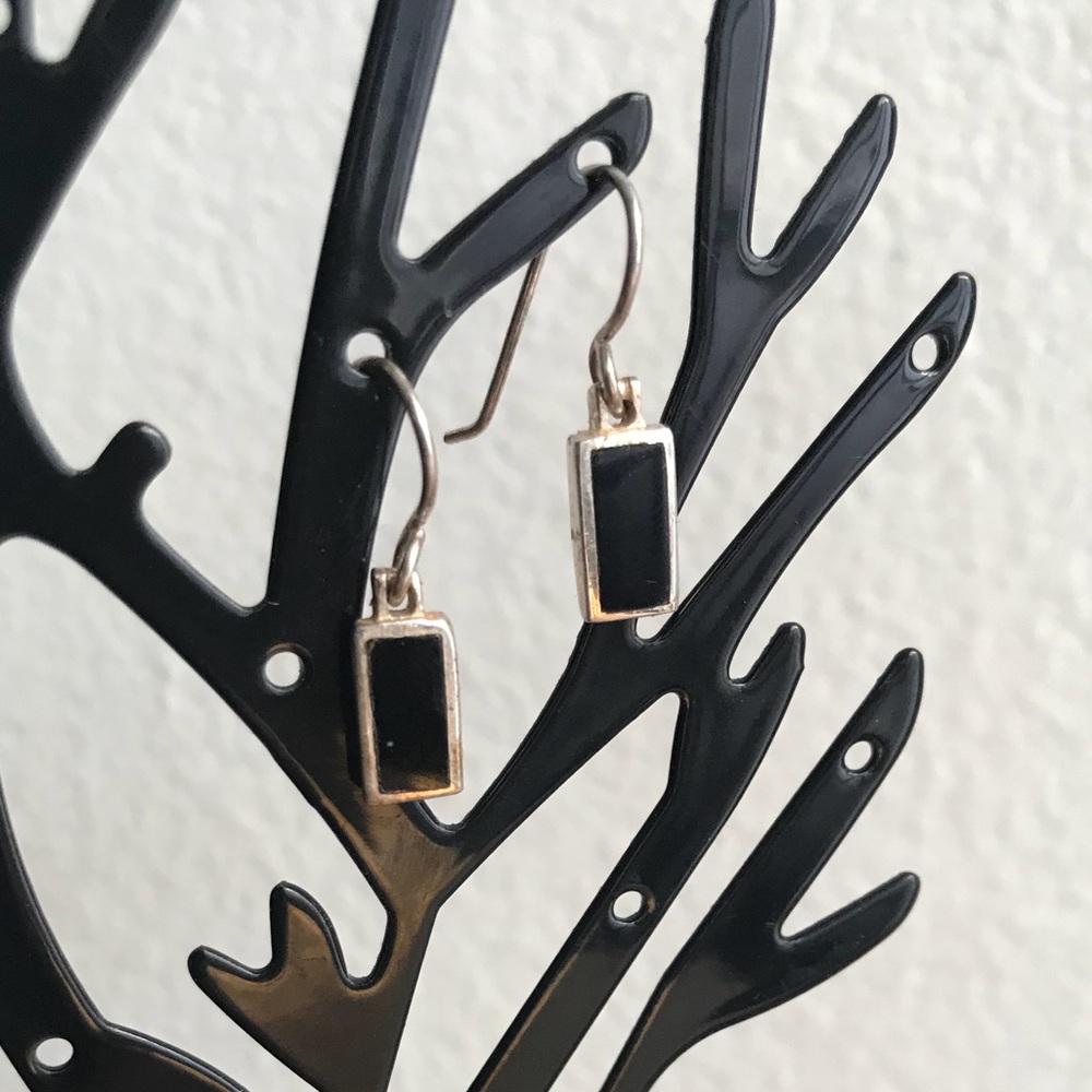 925 vtg Stamped Small Black Stone Dangle Earrings